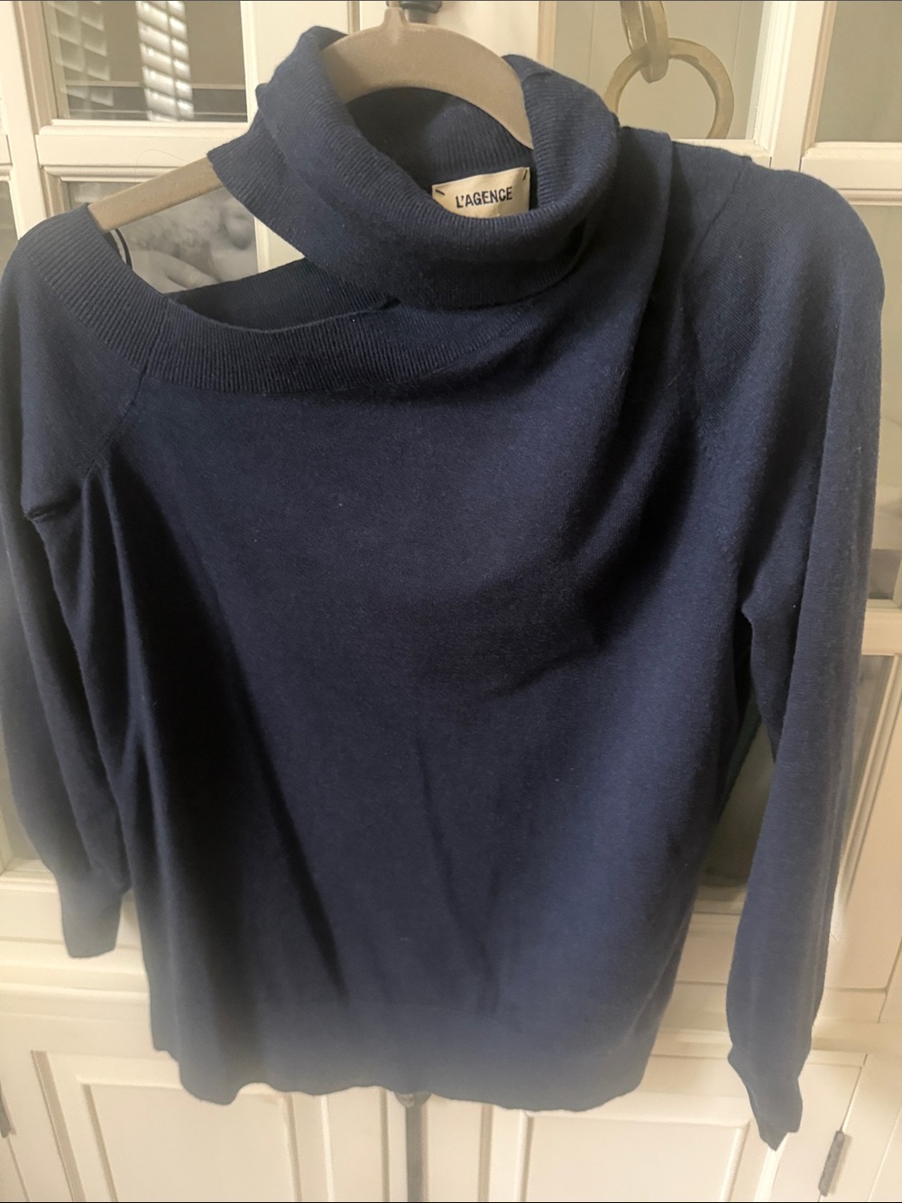 L'AGENCE Navy Off-Shoulder Cowl Turtleneck Sweater
